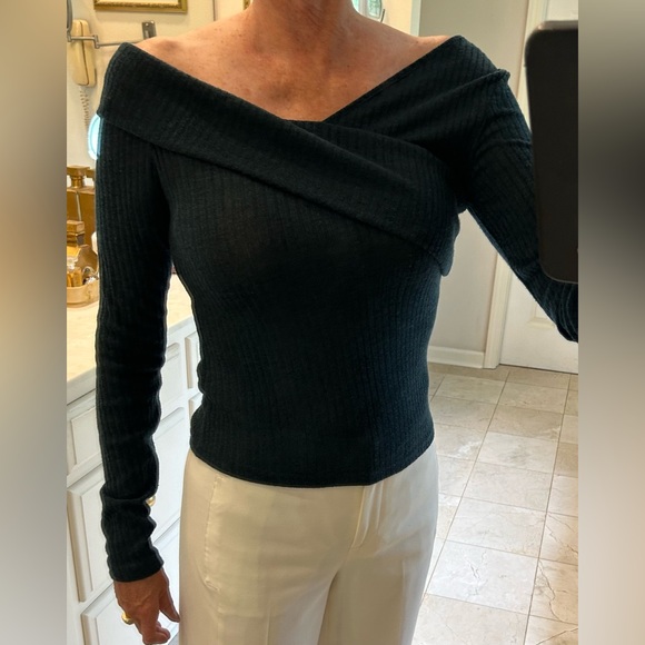 Off the Shoulder Stretch Soft Blouse, Mid-Night Blue Pull Over, Long Sleeve, SzS - Picture 2 of 11